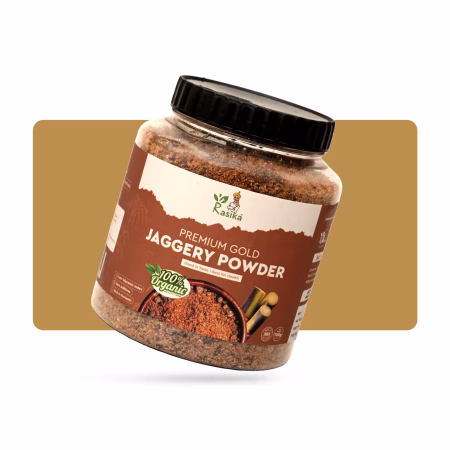 Rasika jaggery powder in a sealed jar with brown label